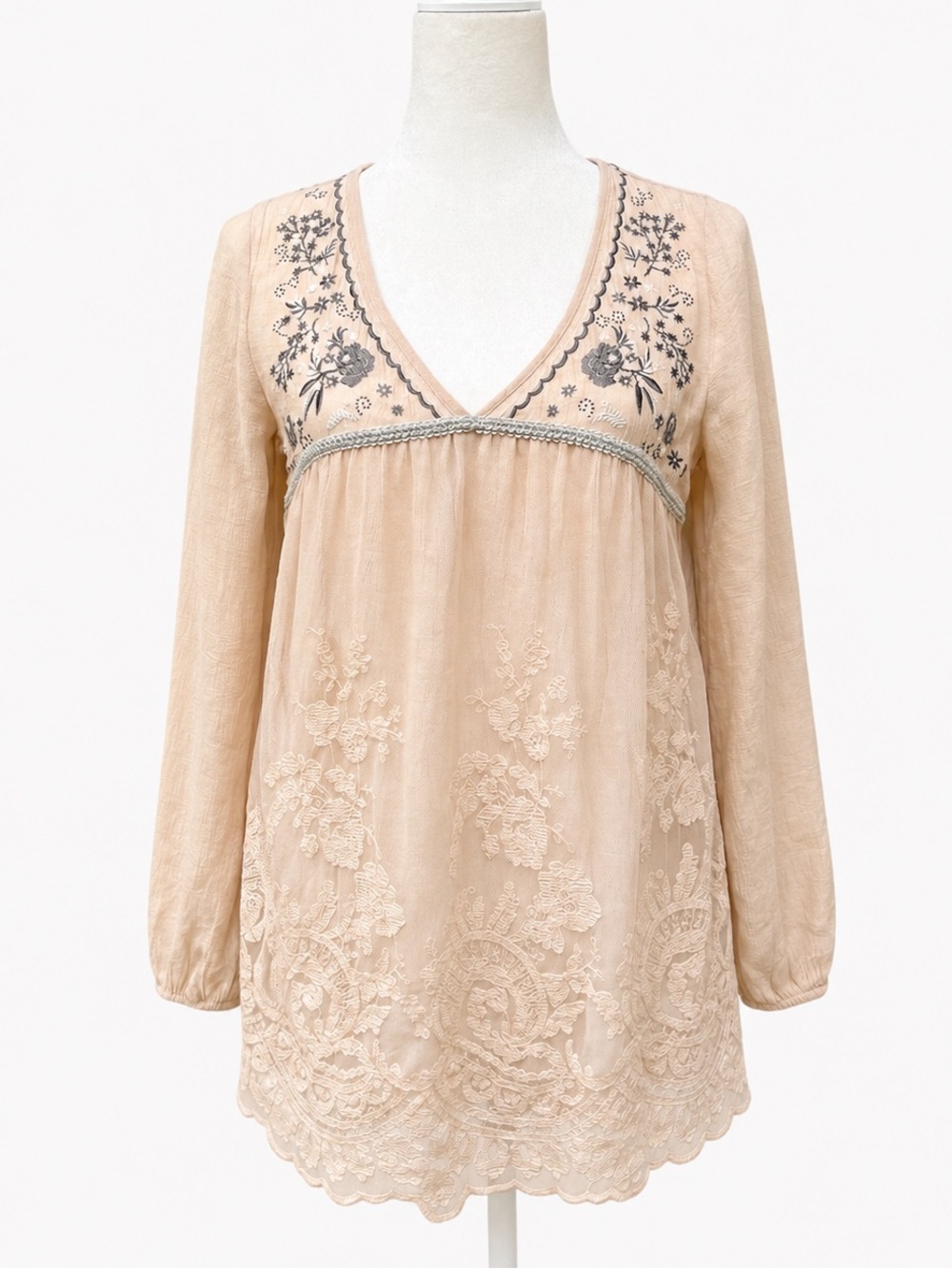 Jolt Embroidered Lace Babydoll Tunic Top Blush Pink Boho Small